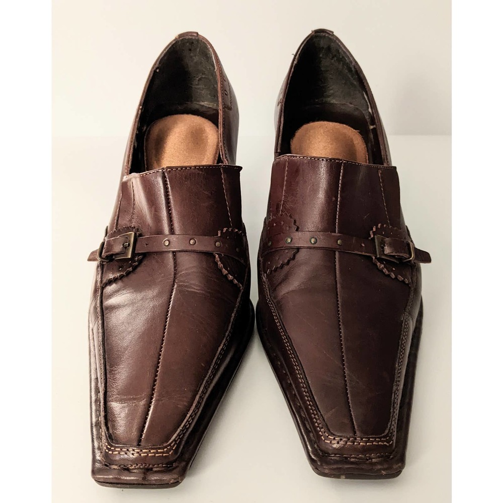 Kampgen Handmade 8.5 Brown Leather Buckle Heels Pumps Pointed Square Toe Women's - Picture 11 of 12